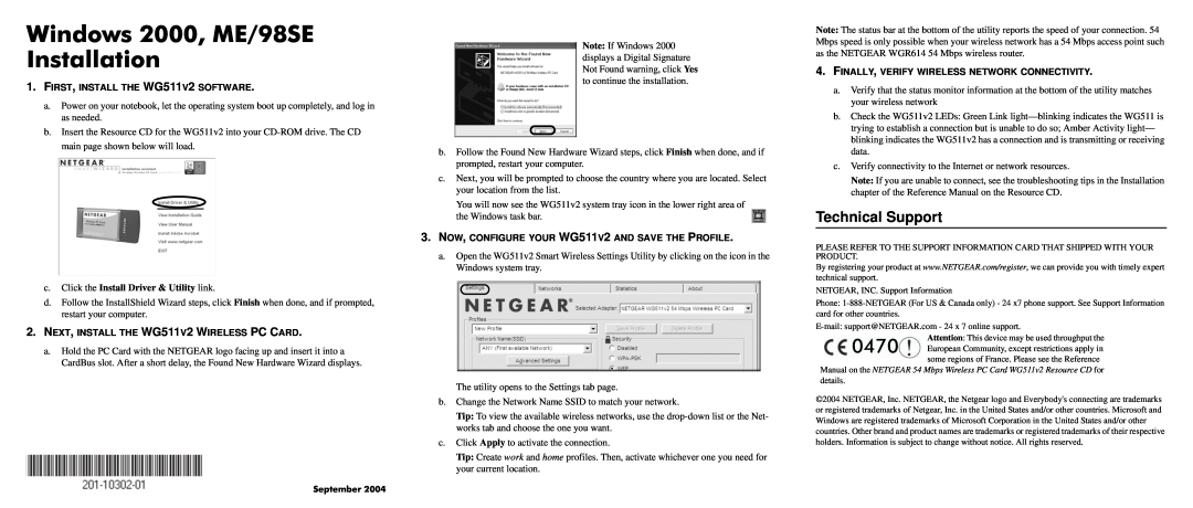 NETGEAR WG511v2 manual Windows 2000, ME/98SE Installation, FIRST, INSTALL THE WG511V2 SOFTWARE, Technical Support 