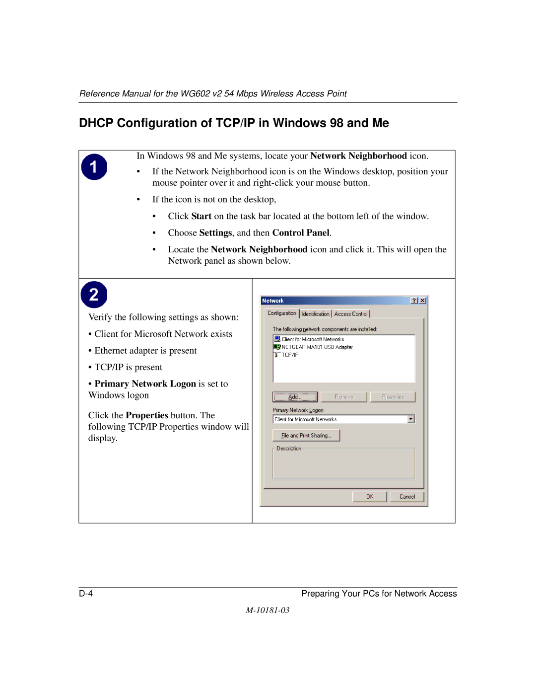 NETGEAR WG602 V2 manual Dhcp Configuration of TCP/IP in Windows 98 and Me, Choose Settings, and then Control Panel 