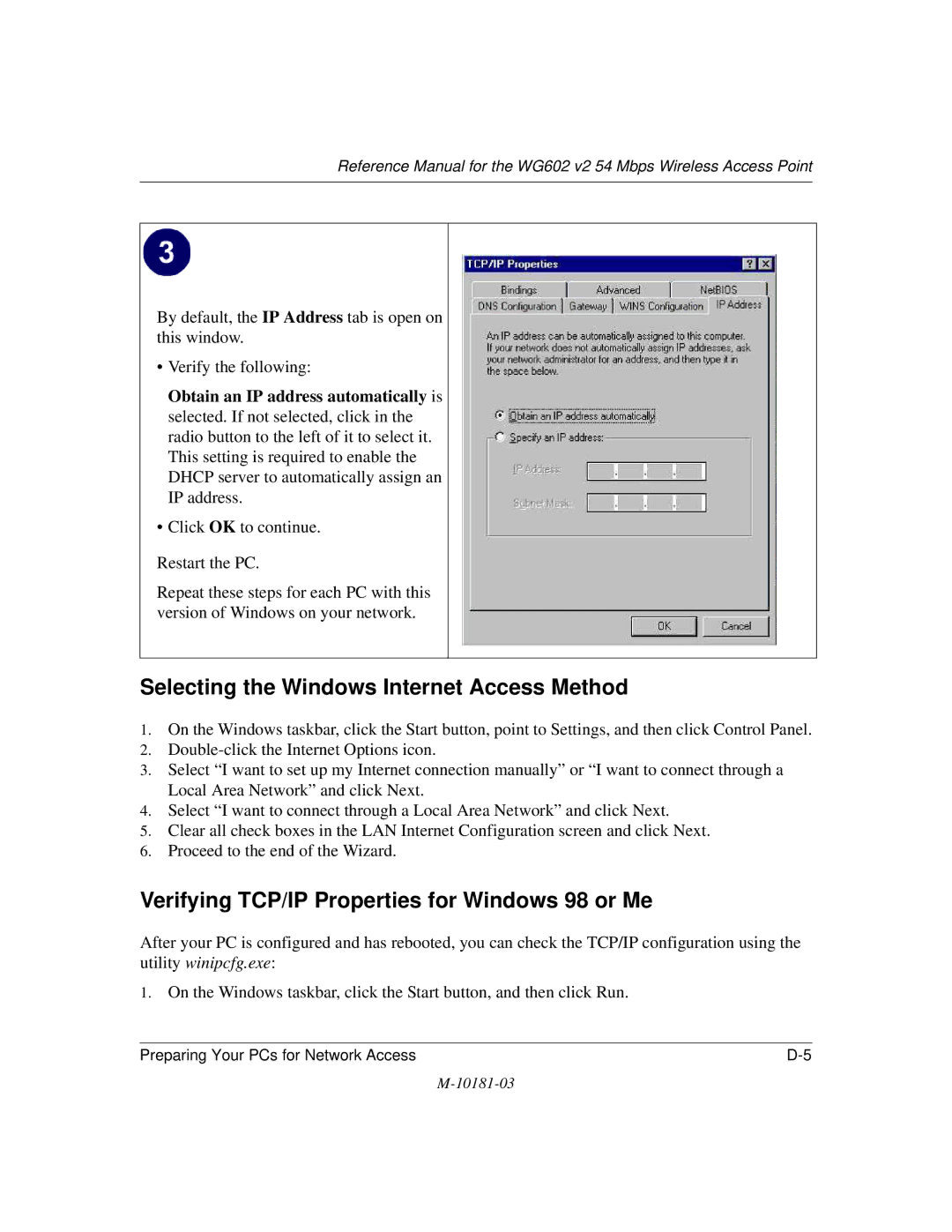 NETGEAR WG602 V2 manual Selecting the Windows Internet Access Method, Verifying TCP/IP Properties for Windows 98 or Me 