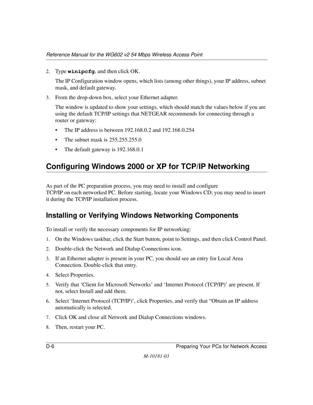 NETGEAR WG602 V2 manual Configuring Windows 2000 or XP for TCP/IP Networking 