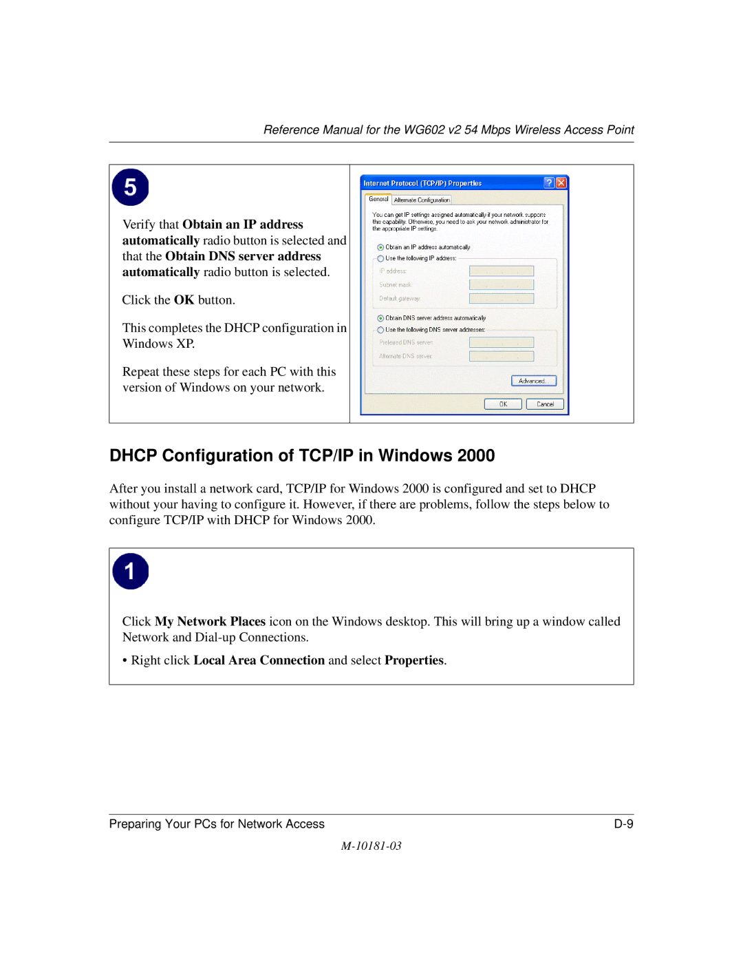 NETGEAR WG602 V2 manual Dhcp Configuration of TCP/IP in Windows, Right click Local Area Connection and select Properties 