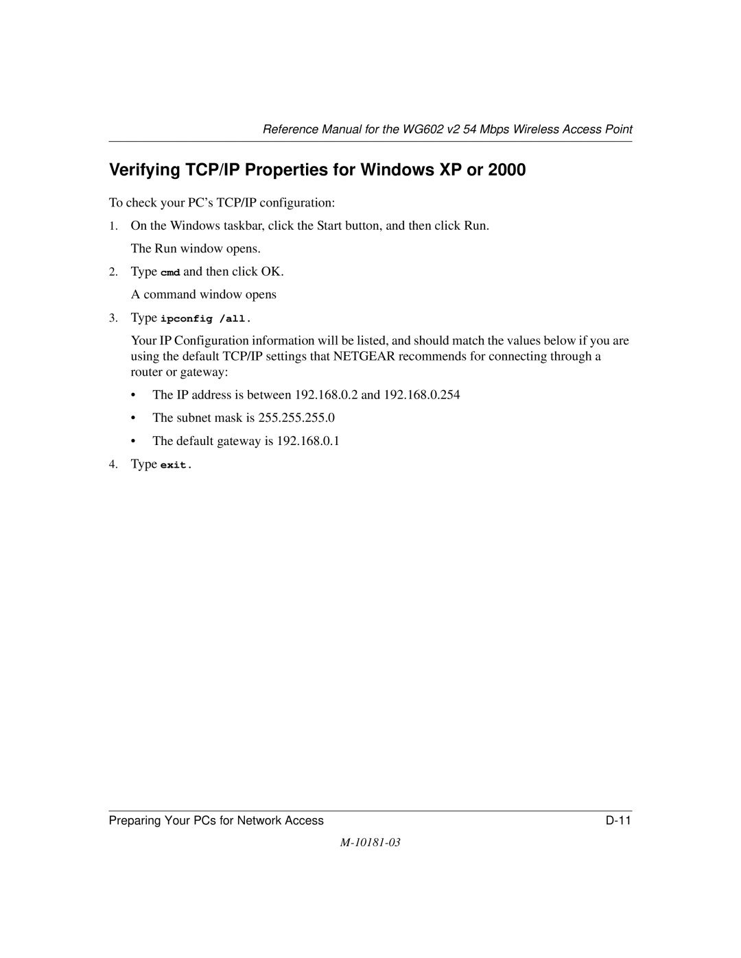 NETGEAR WG602 V2 manual Verifying TCP/IP Properties for Windows XP or 