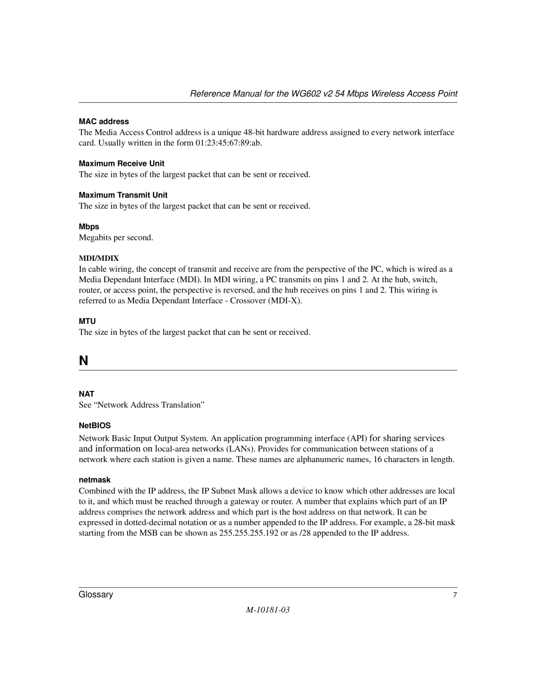 NETGEAR WG602 V2 manual Megabits per second 