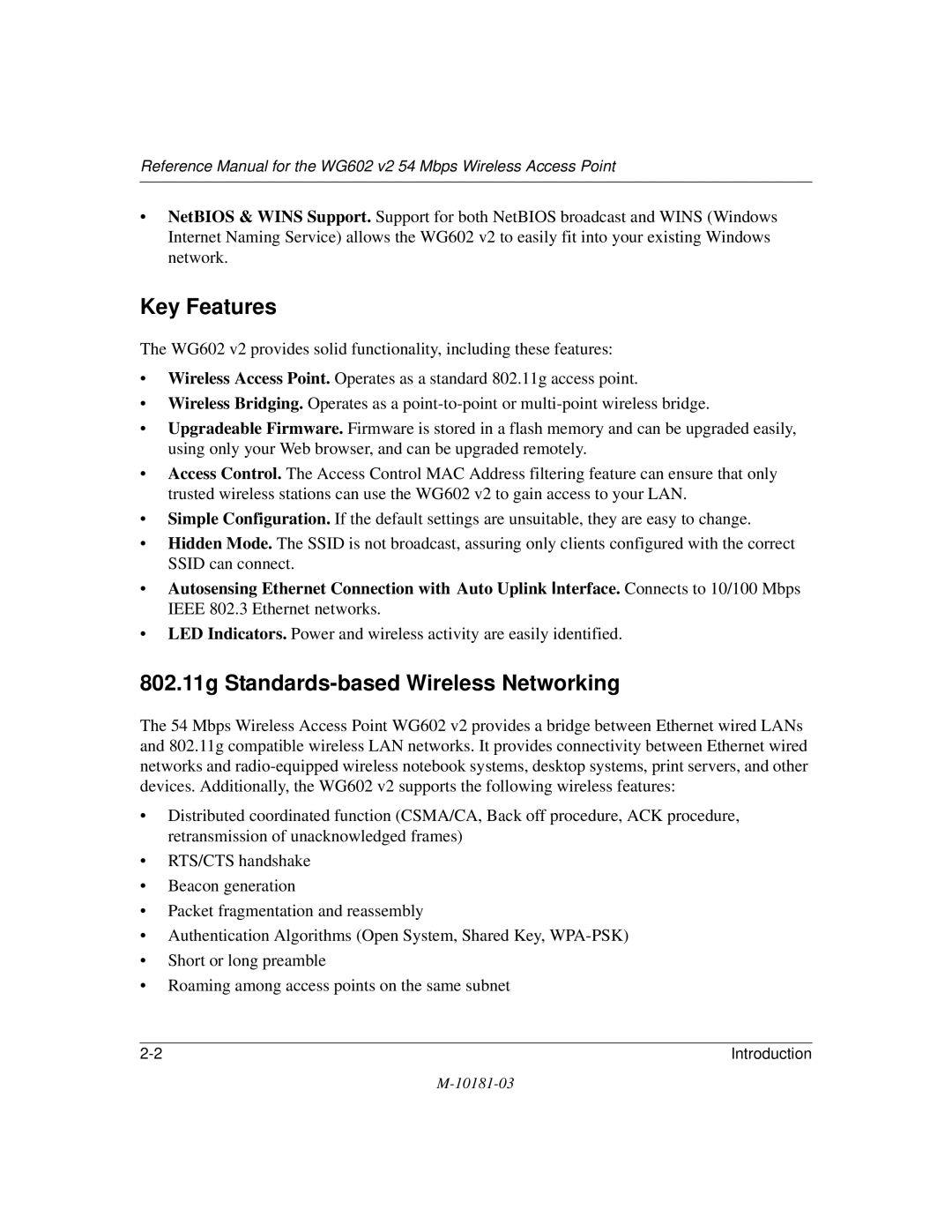 NETGEAR WG602 V2 manual Key Features, 802.11g Standards-based Wireless Networking 