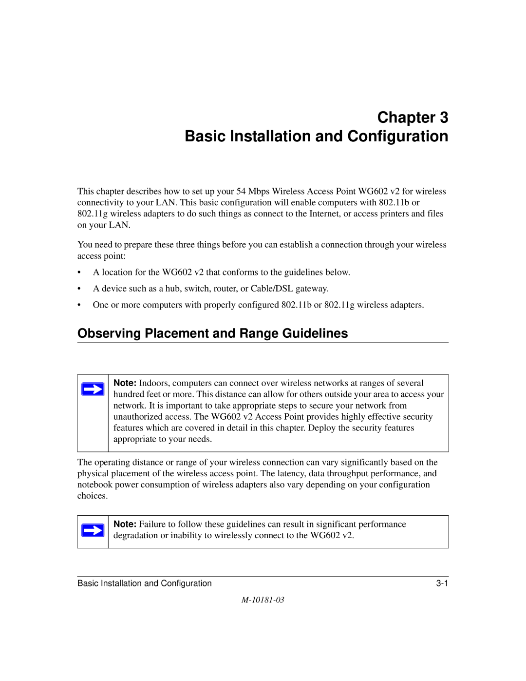 NETGEAR WG602 V2 manual Chapter Basic Installation and Configuration, Observing Placement and Range Guidelines 