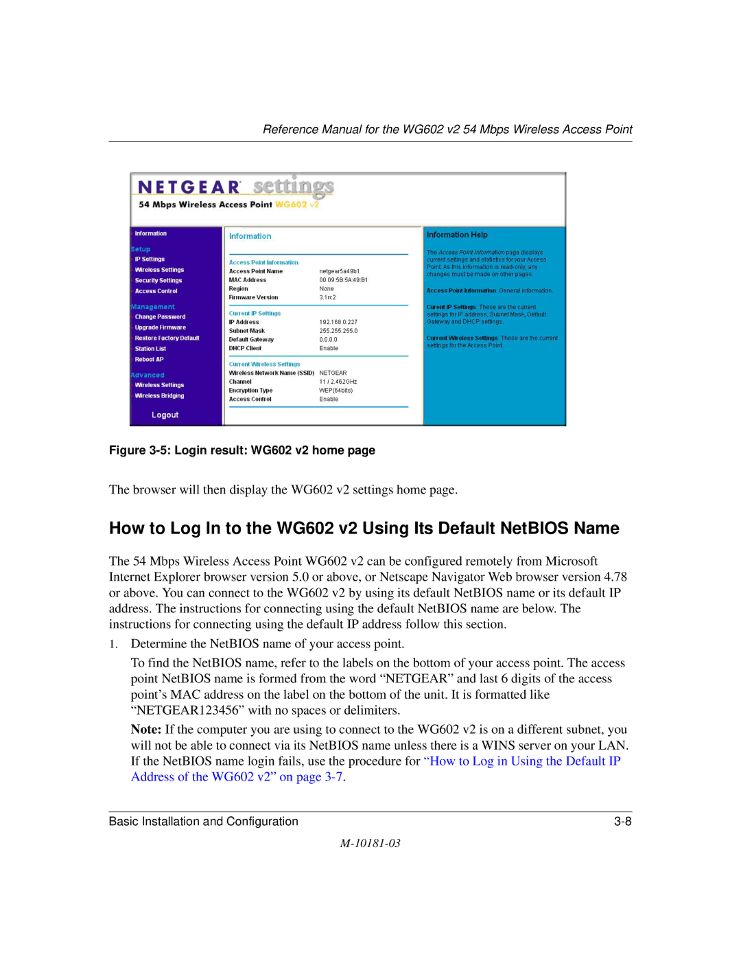 NETGEAR WG602 V2 manual How to Log In to the WG602 v2 Using Its Default NetBIOS Name 