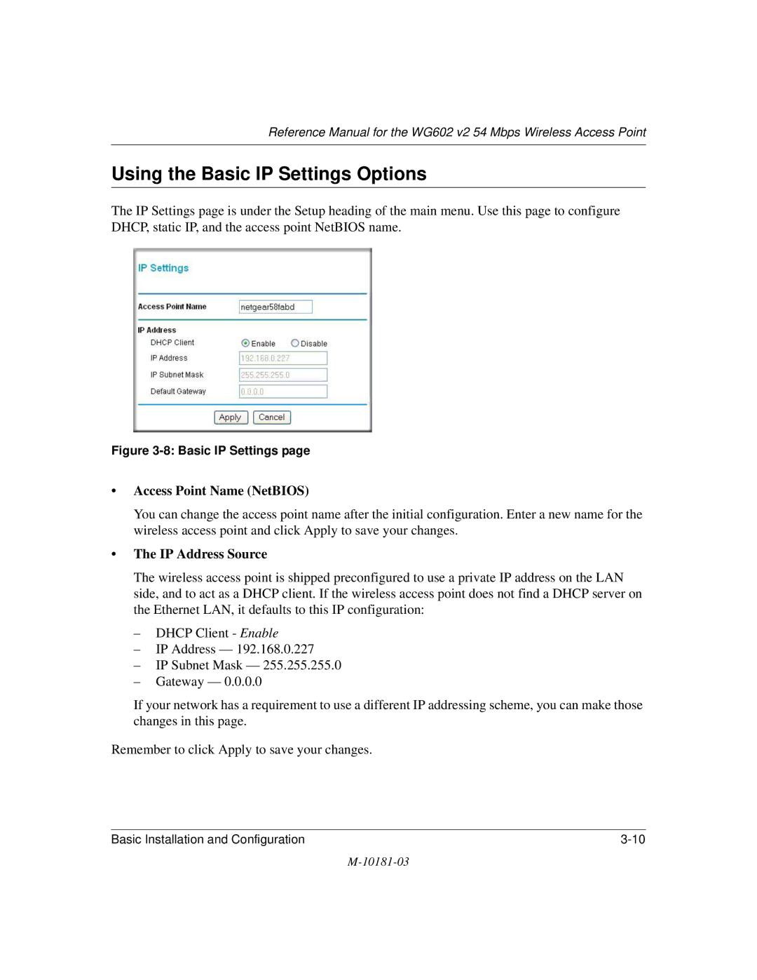 NETGEAR WG602 V2 manual Using the Basic IP Settings Options, Access Point Name NetBIOS 