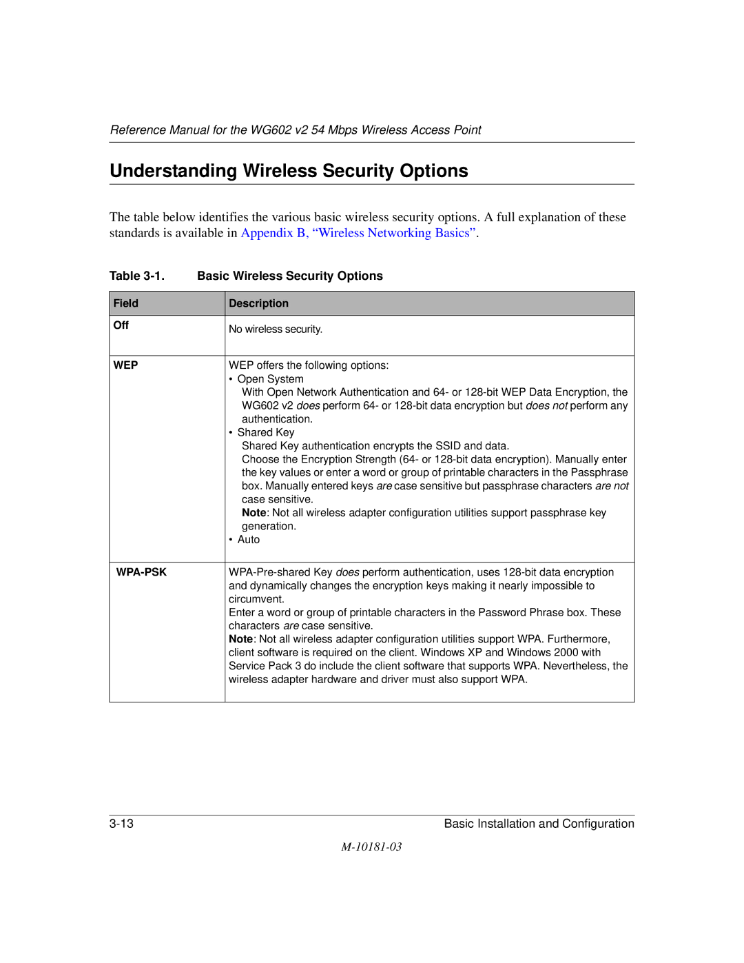 NETGEAR WG602 V2 manual Understanding Wireless Security Options, Basic Wireless Security Options 