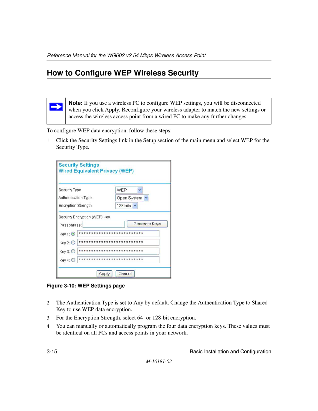 NETGEAR WG602 V2 manual How to Configure WEP Wireless Security, WEP Settings 