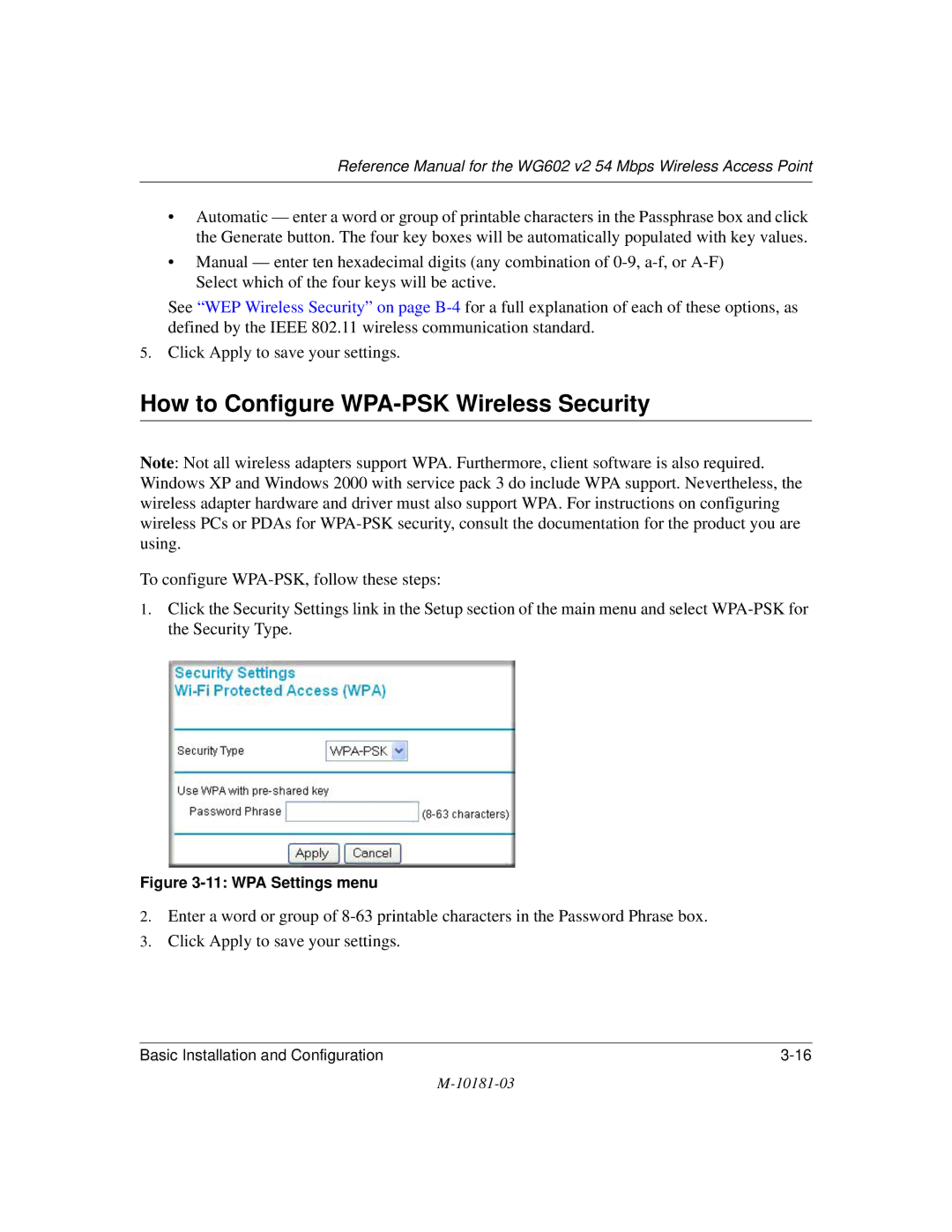 NETGEAR WG602 V2 manual How to Configure WPA-PSK Wireless Security, WPA Settings menu 