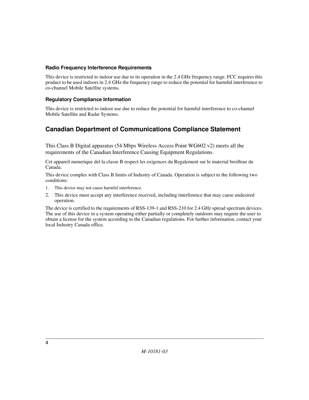 NETGEAR WG602 V2 manual Canadian Department of Communications Compliance Statement 