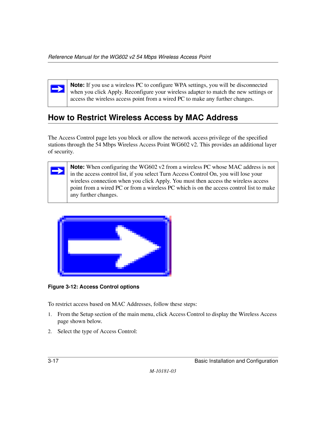 NETGEAR WG602 V2 manual How to Restrict Wireless Access by MAC Address, Access Control options 