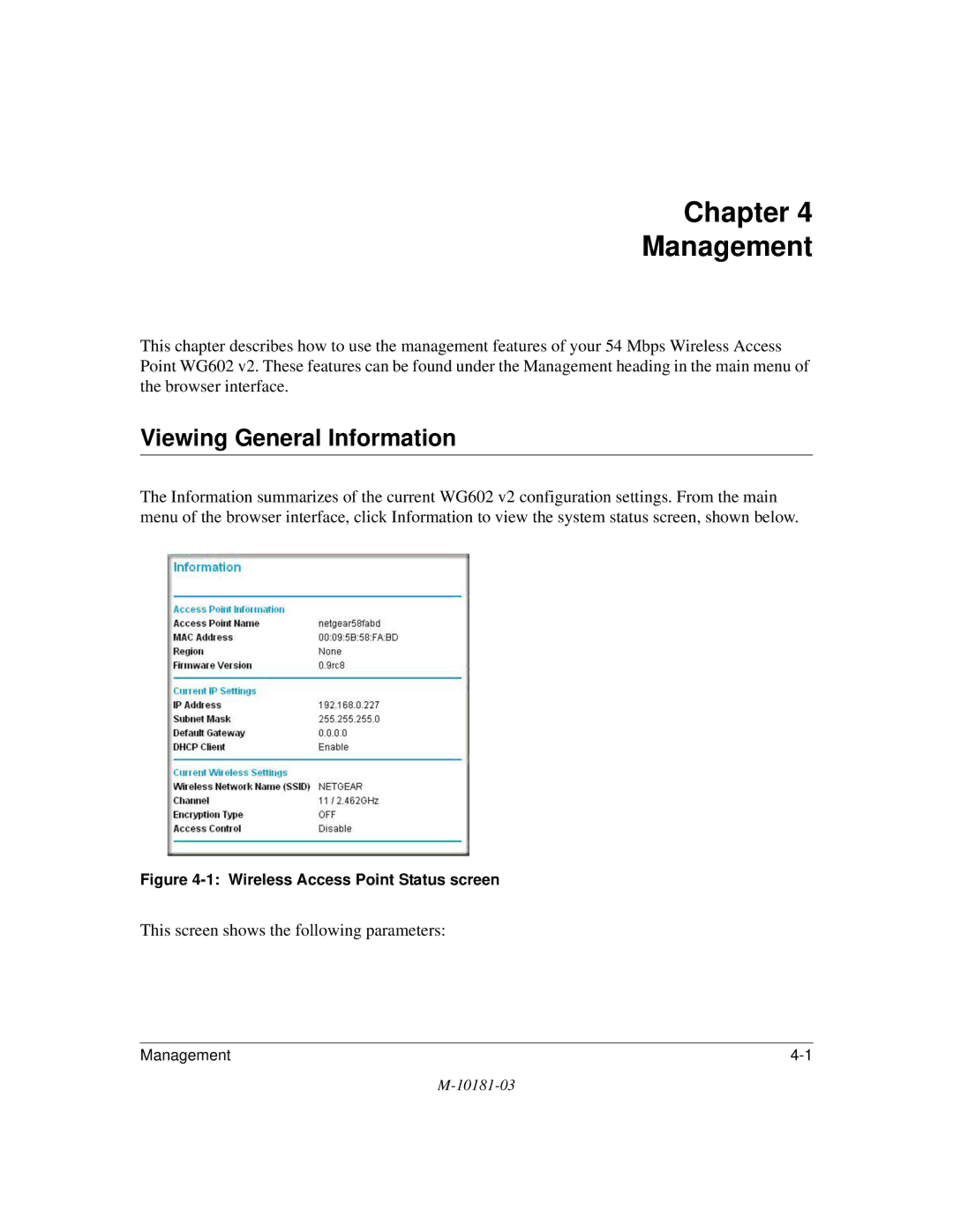 NETGEAR WG602 V2 manual Chapter Management, Viewing General Information 