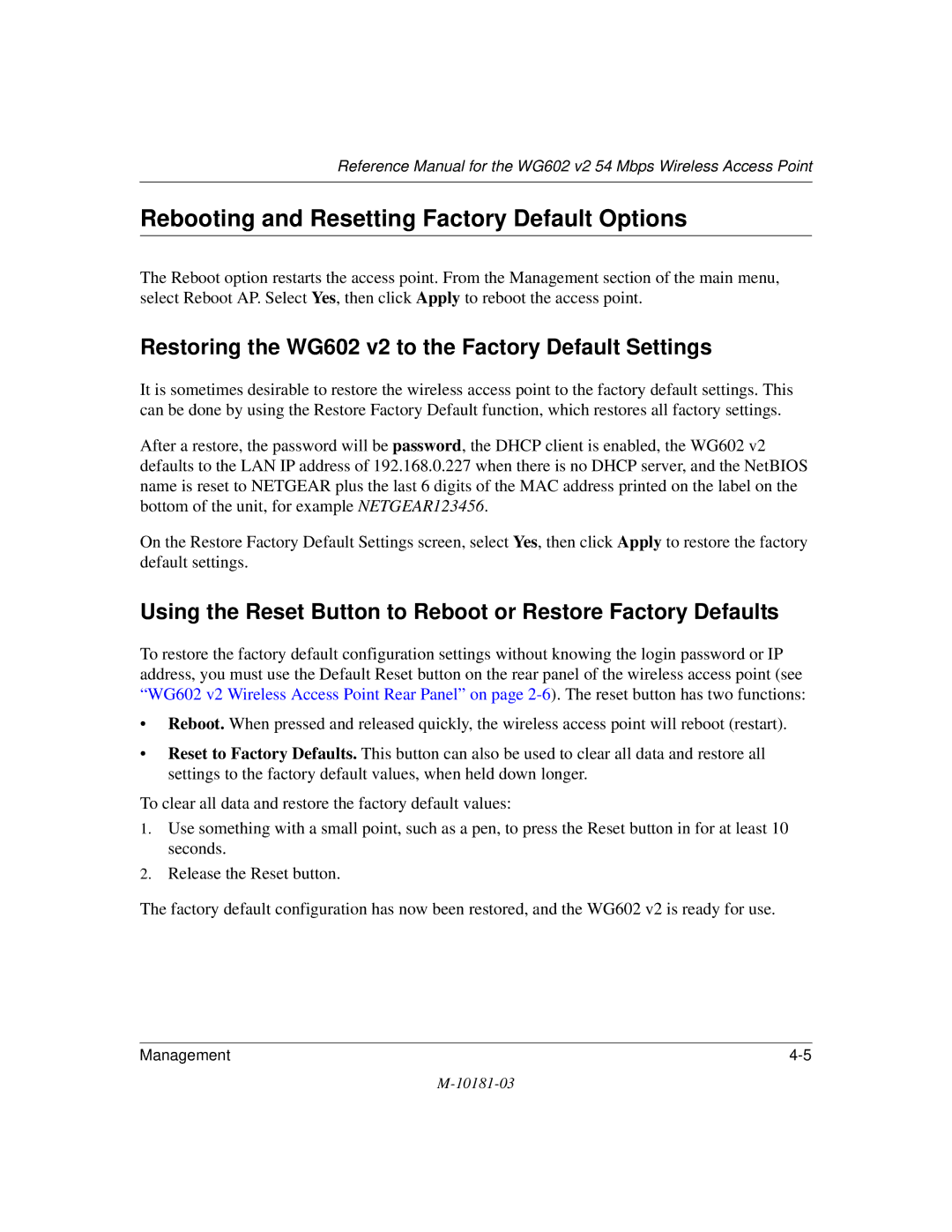 NETGEAR WG602 V2 Rebooting and Resetting Factory Default Options, Restoring the WG602 v2 to the Factory Default Settings 