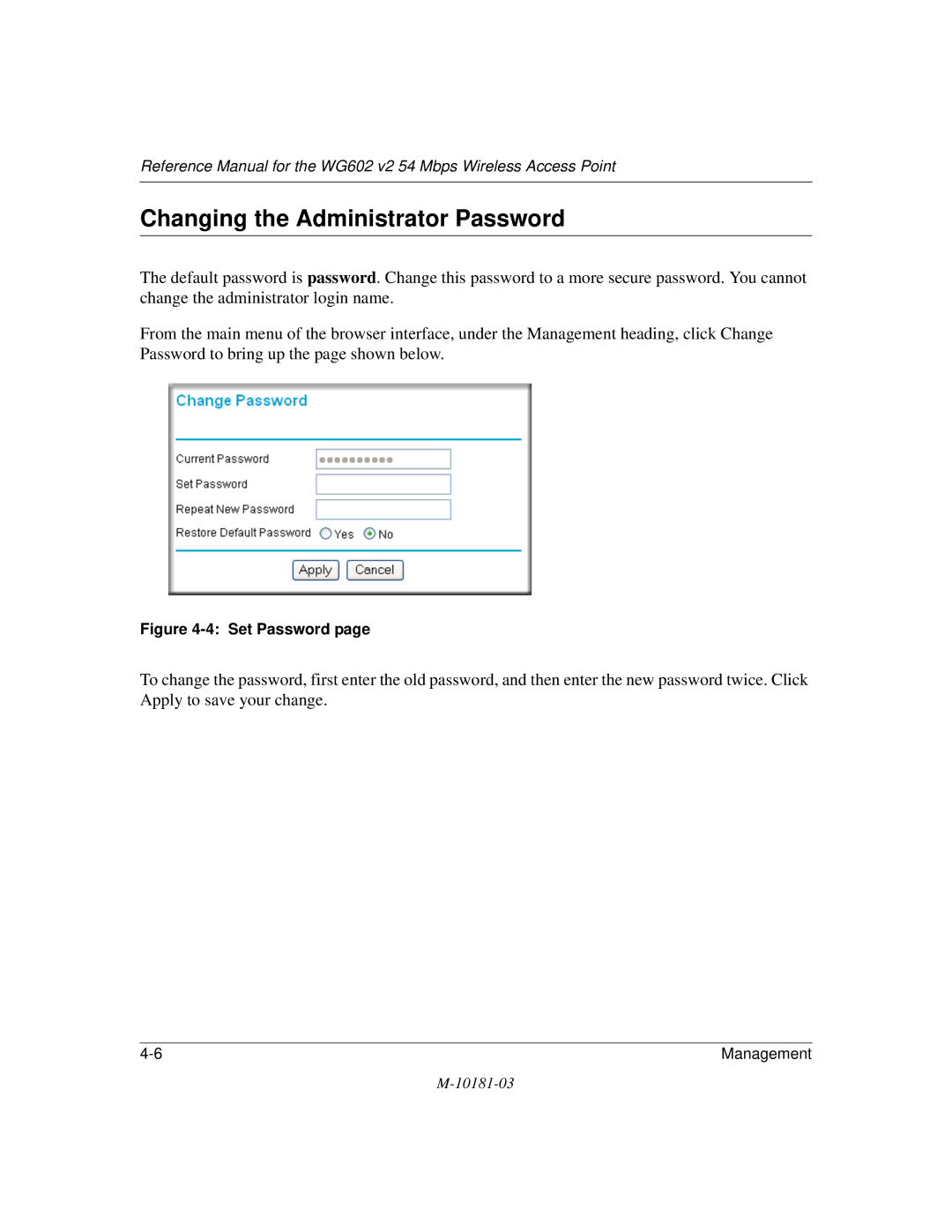 NETGEAR WG602 V2 manual Changing the Administrator Password, Set Password 