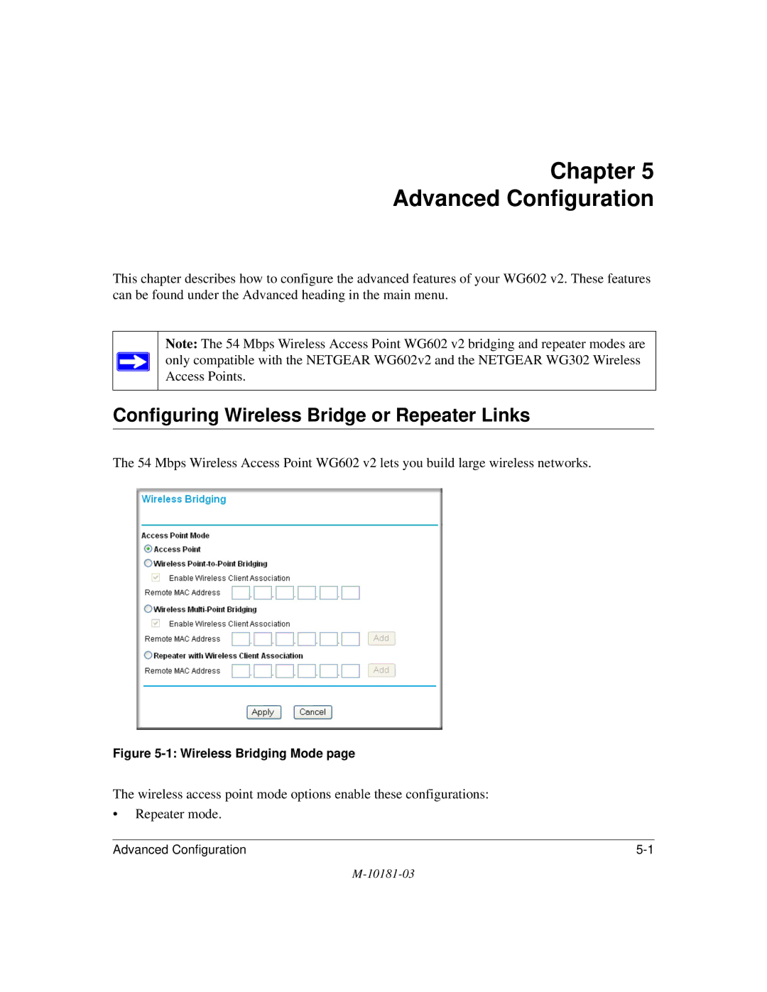 NETGEAR WG602 V2 manual Chapter Advanced Configuration, Configuring Wireless Bridge or Repeater Links 