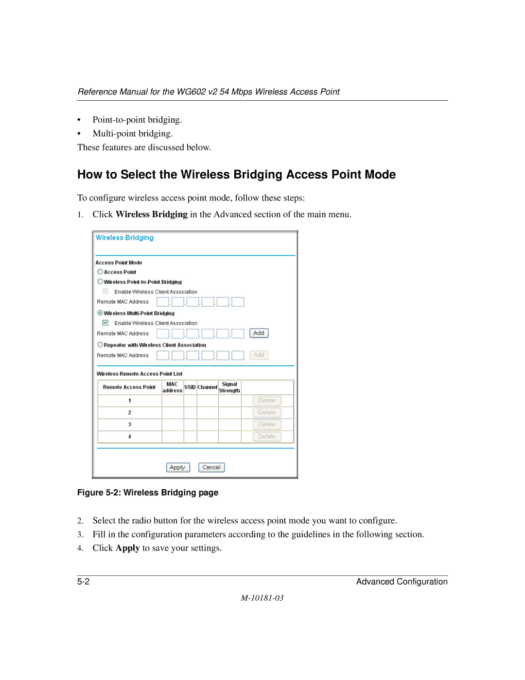 NETGEAR WG602 V2 manual How to Select the Wireless Bridging Access Point Mode 