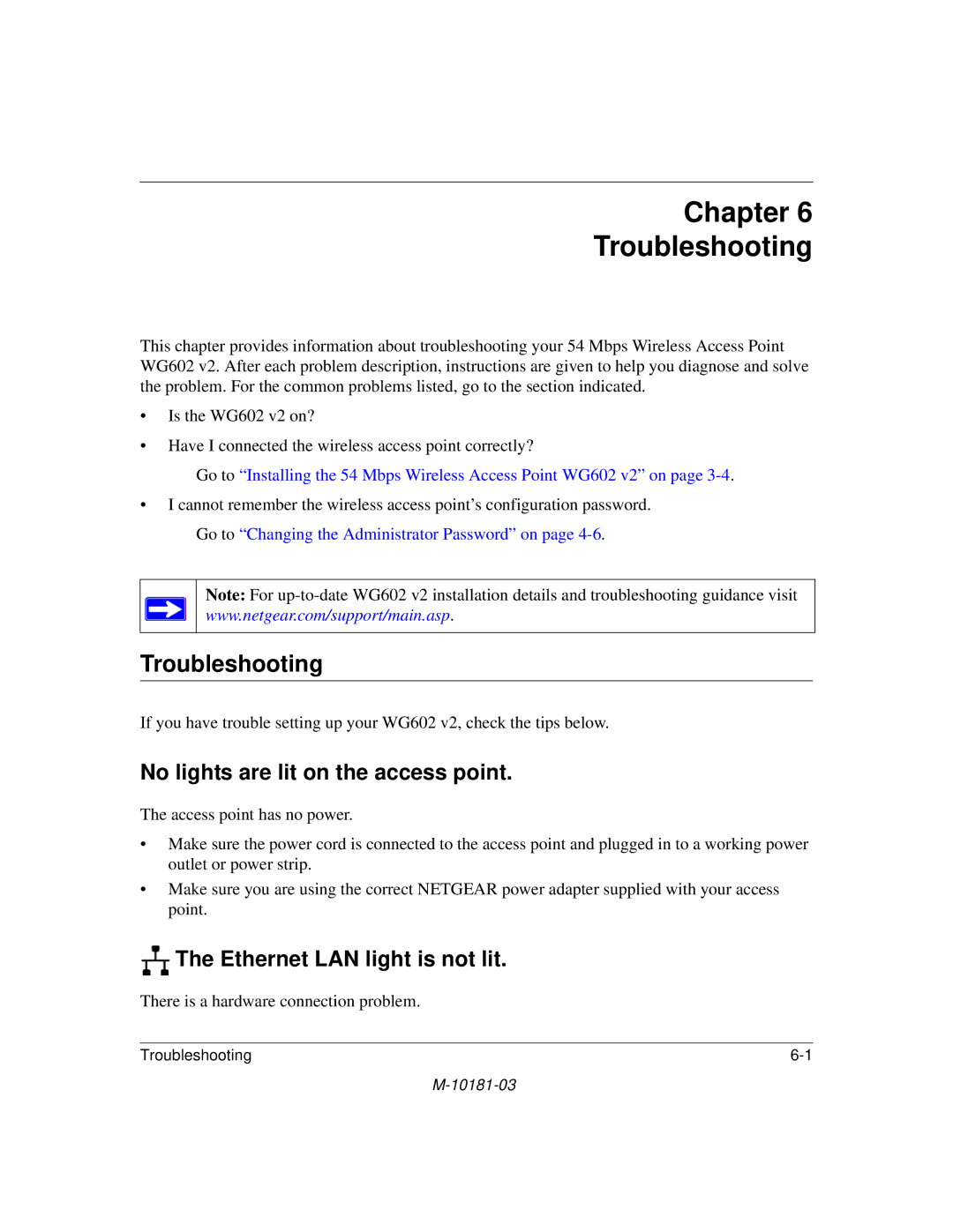 NETGEAR WG602 V2 manual Chapter Troubleshooting, No lights are lit on the access point, Ethernet LAN light is not lit 