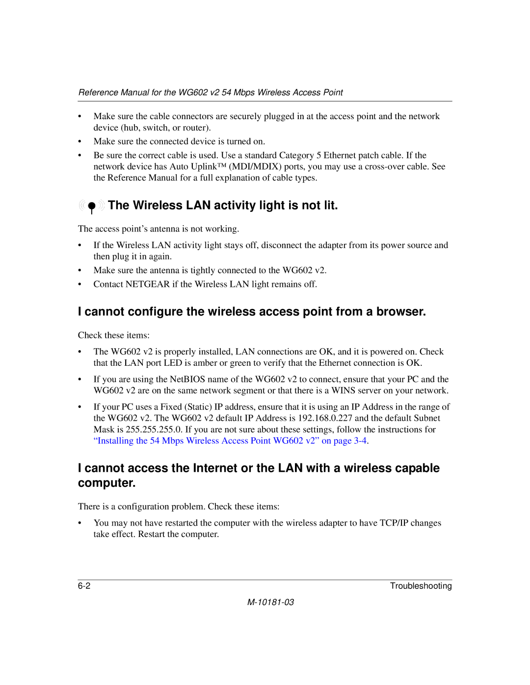 NETGEAR WG602 V2 manual Wireless LAN activity light is not lit, Cannot configure the wireless access point from a browser 