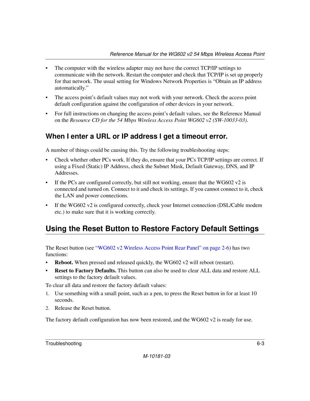 NETGEAR WG602 V2 manual Using the Reset Button to Restore Factory Default Settings 