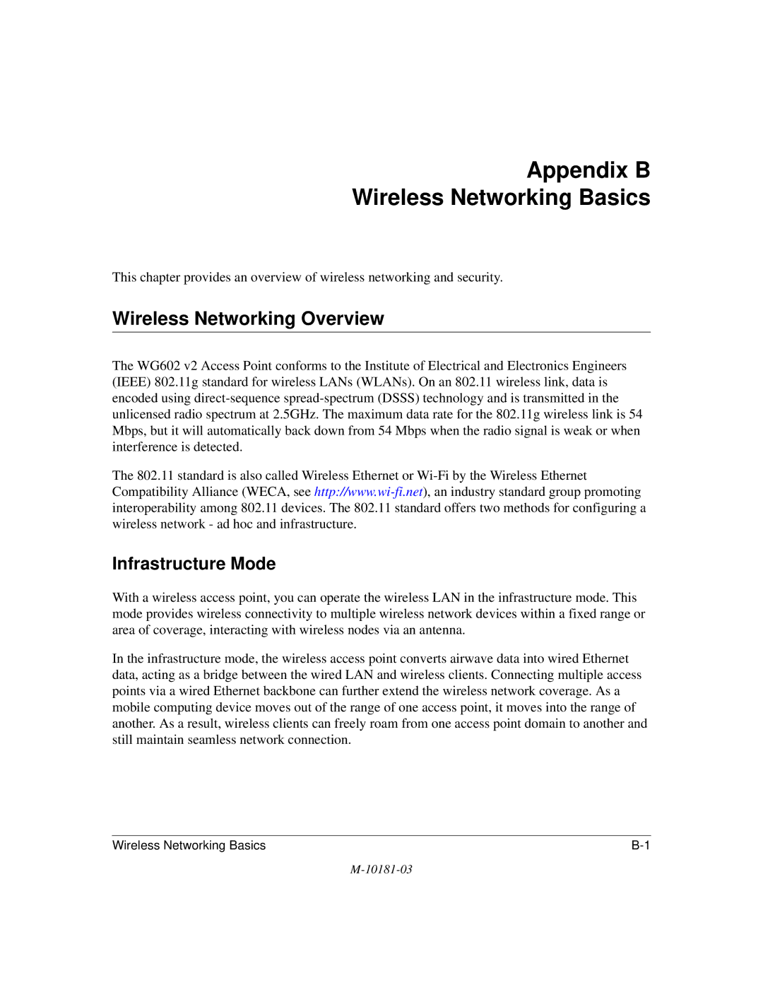 NETGEAR WG602 V2 manual Appendix B Wireless Networking Basics, Wireless Networking Overview, Infrastructure Mode 