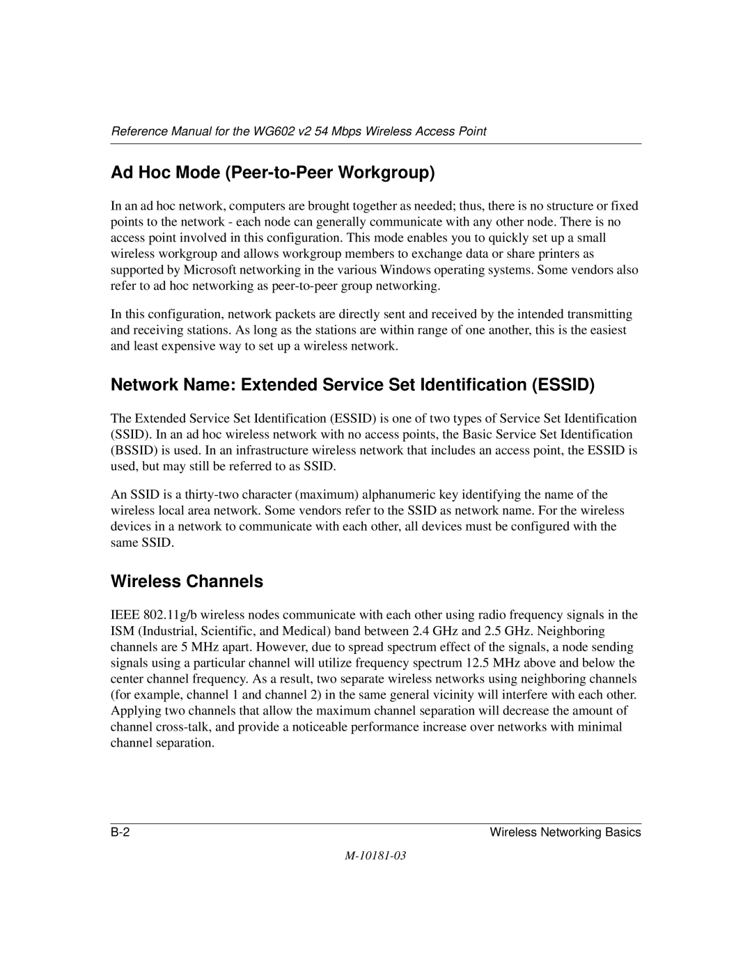 NETGEAR WG602 V2 manual Ad Hoc Mode Peer-to-Peer Workgroup, Network Name Extended Service Set Identification Essid 