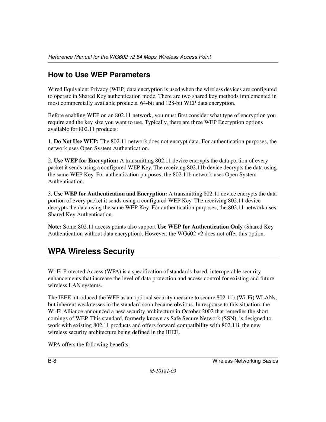 NETGEAR WG602 V2 manual WPA Wireless Security, How to Use WEP Parameters 