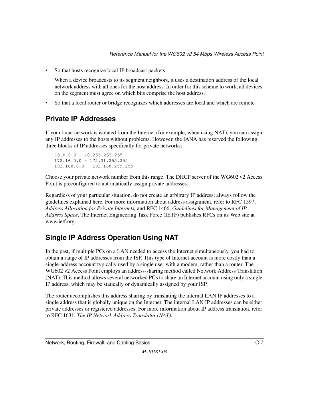 NETGEAR WG602 V2 manual Private IP Addresses, Single IP Address Operation Using NAT 