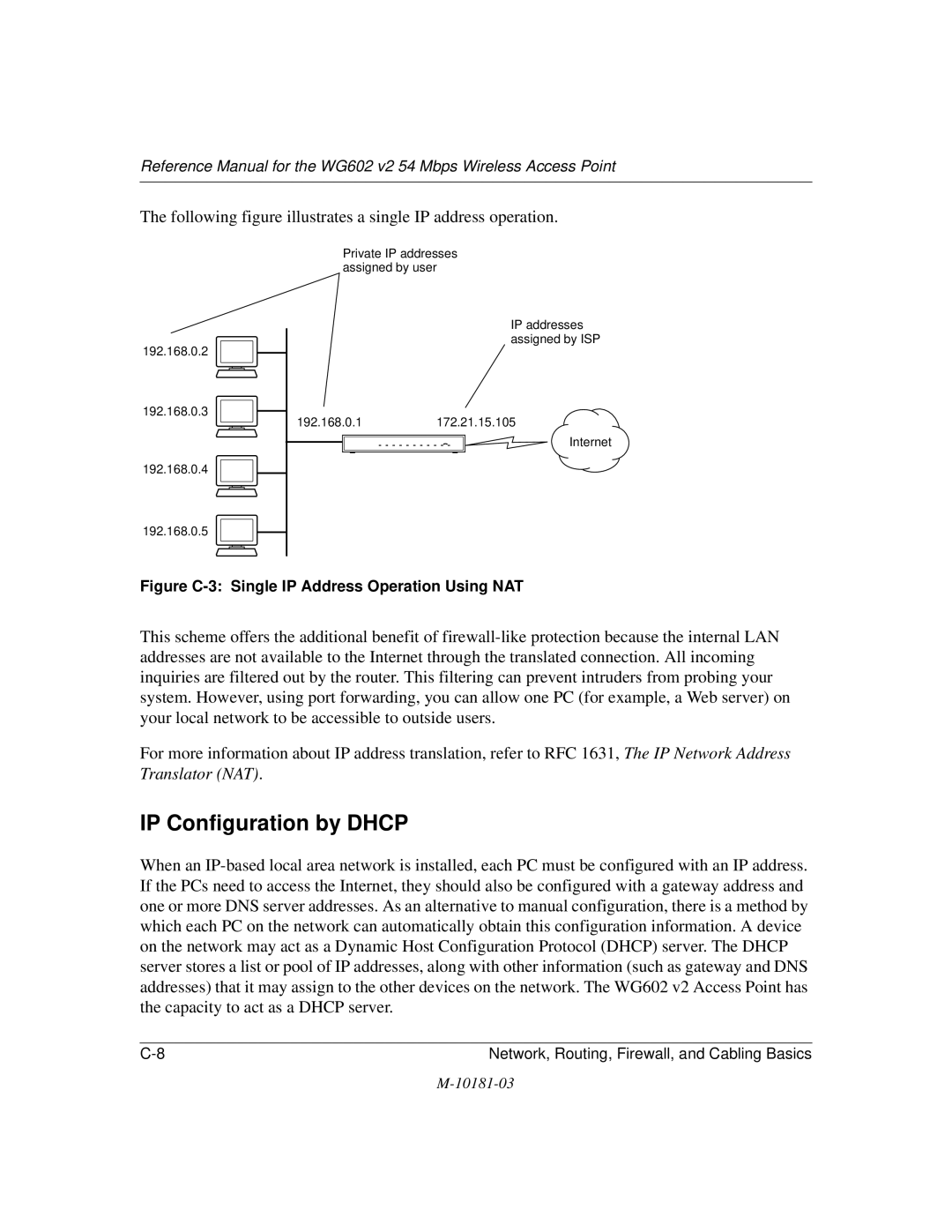 NETGEAR WG602 V2 manual IP Configuration by Dhcp, Following figure illustrates a single IP address operation 