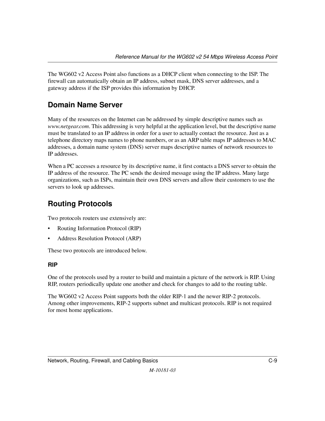 NETGEAR WG602 V2 manual Domain Name Server, Routing Protocols 