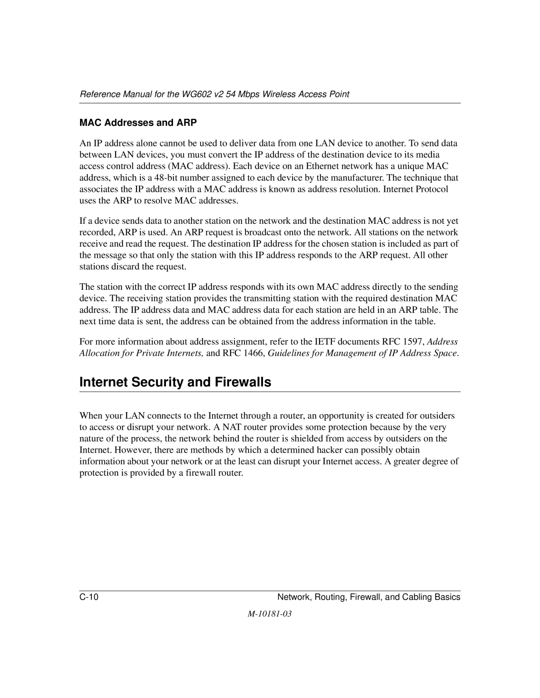 NETGEAR WG602 V2 manual Internet Security and Firewalls, MAC Addresses and ARP 