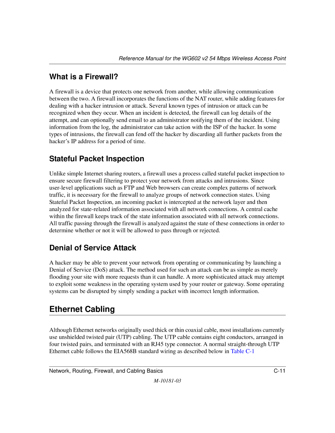 NETGEAR WG602 V2 manual Ethernet Cabling, What is a Firewall?, Stateful Packet Inspection, Denial of Service Attack 