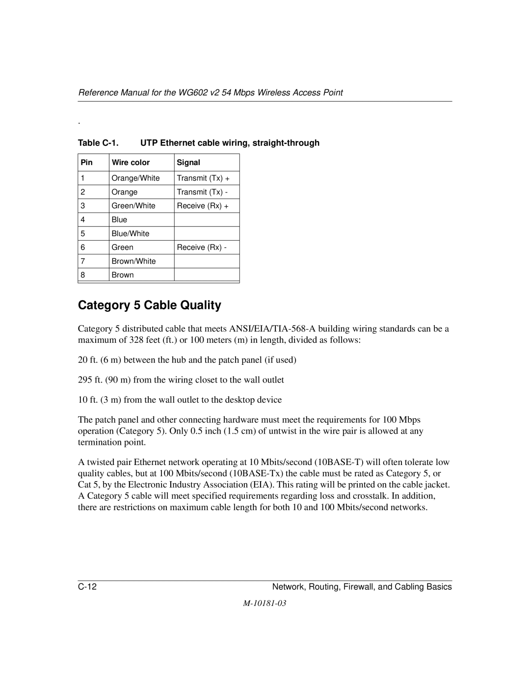 NETGEAR WG602 V2 manual Category 5 Cable Quality, Table C-1 UTP Ethernet cable wiring, straight-through 