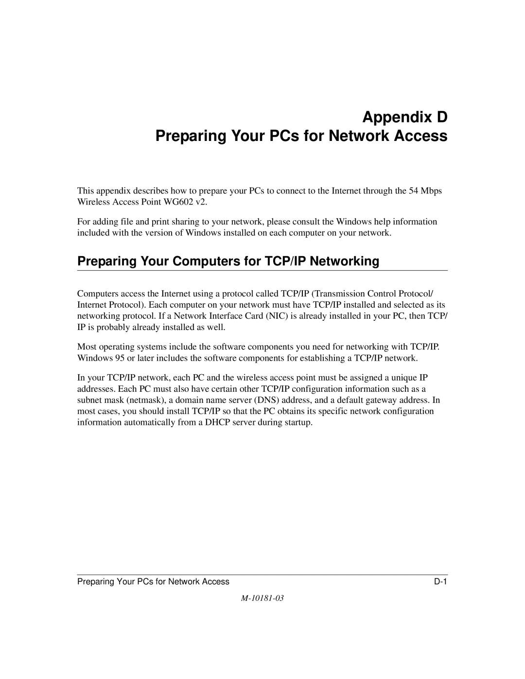 NETGEAR WG602 V2 manual Appendix D Preparing Your PCs for Network Access, Preparing Your Computers for TCP/IP Networking 