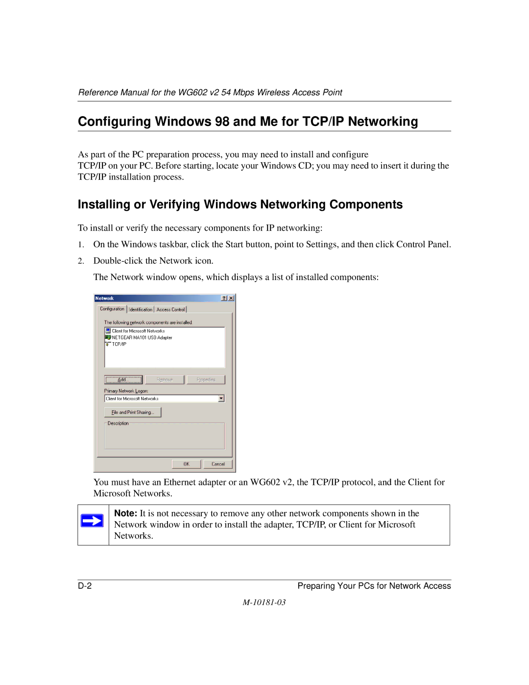 NETGEAR WG602 V2 manual Configuring Windows 98 and Me for TCP/IP Networking 