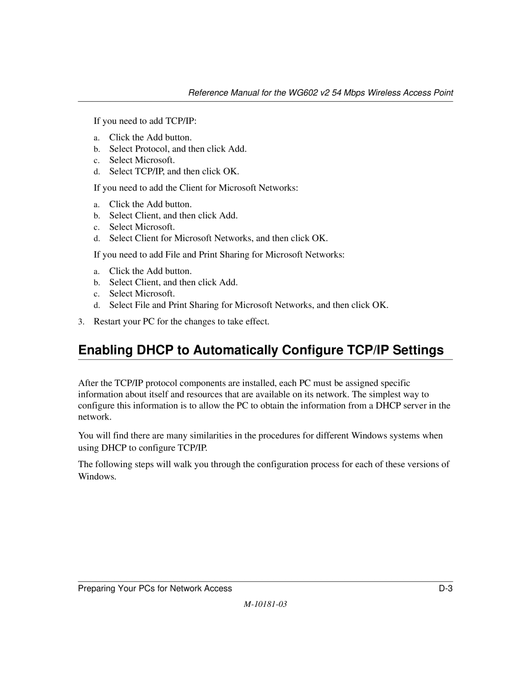 NETGEAR WG602 V2 manual Enabling Dhcp to Automatically Configure TCP/IP Settings 