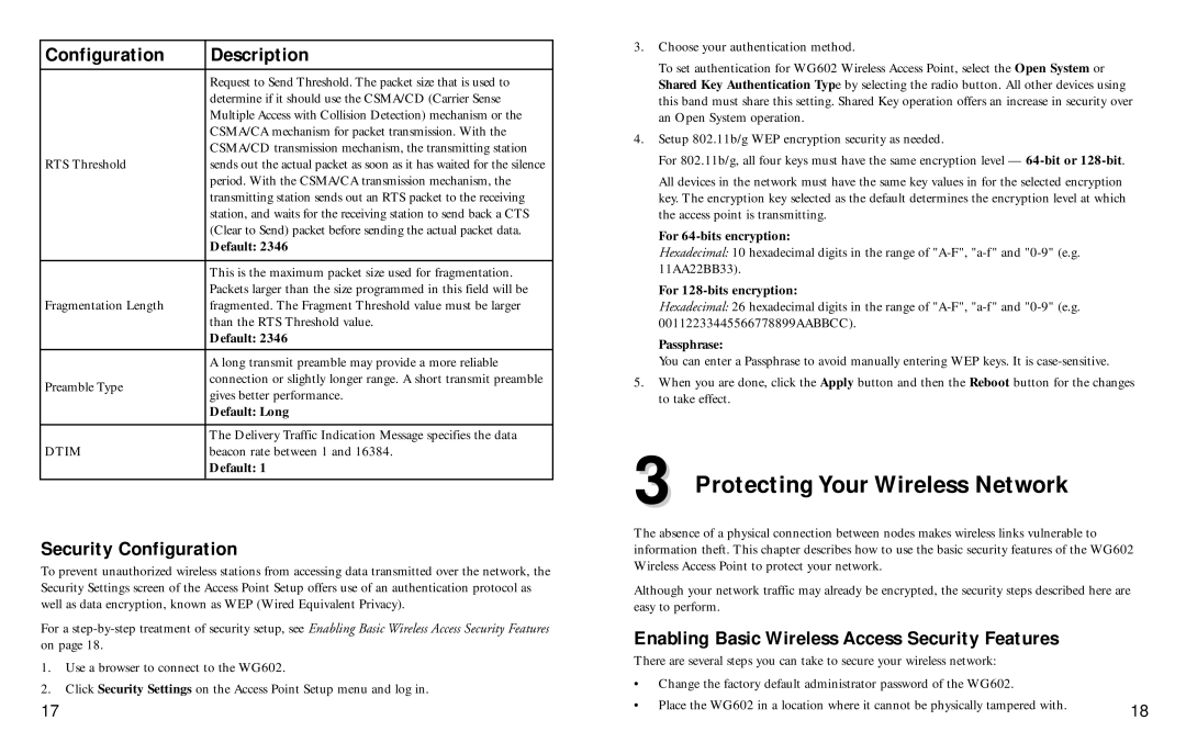 NETGEAR WG602 Protecting Your Wireless Network, Security Configuration, Enabling Basic Wireless Access Security Features 