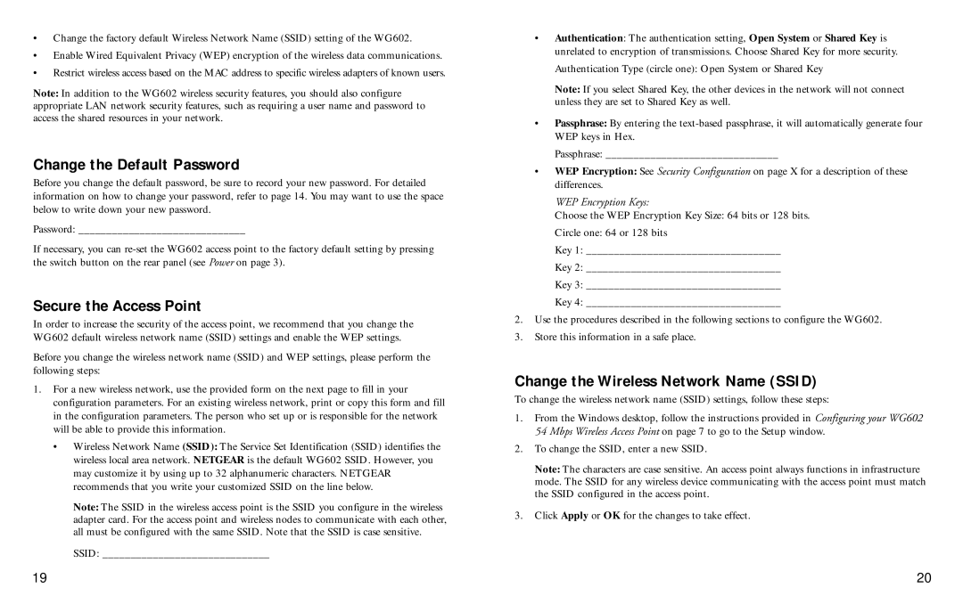 NETGEAR WG602 manual Change the Default Password, Secure the Access Point, Change the Wireless Network Name Ssid 