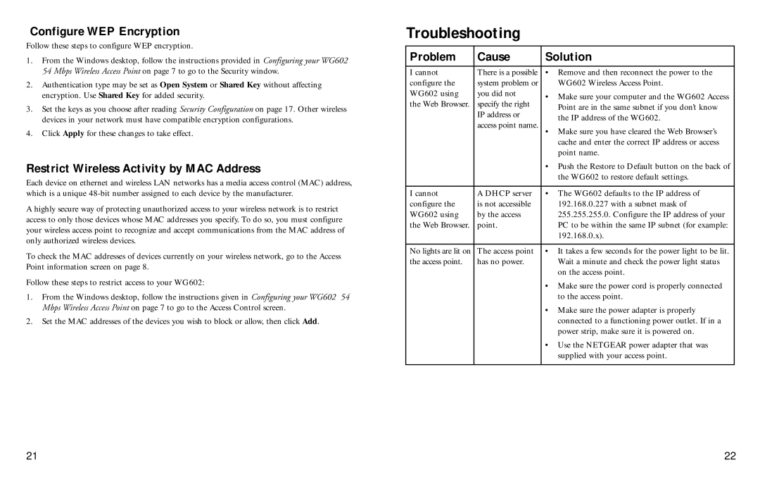 NETGEAR WG602 Troubleshooting, Configure WEP Encryption, Restrict Wireless Activity by MAC Address, Problem Cause Solution 