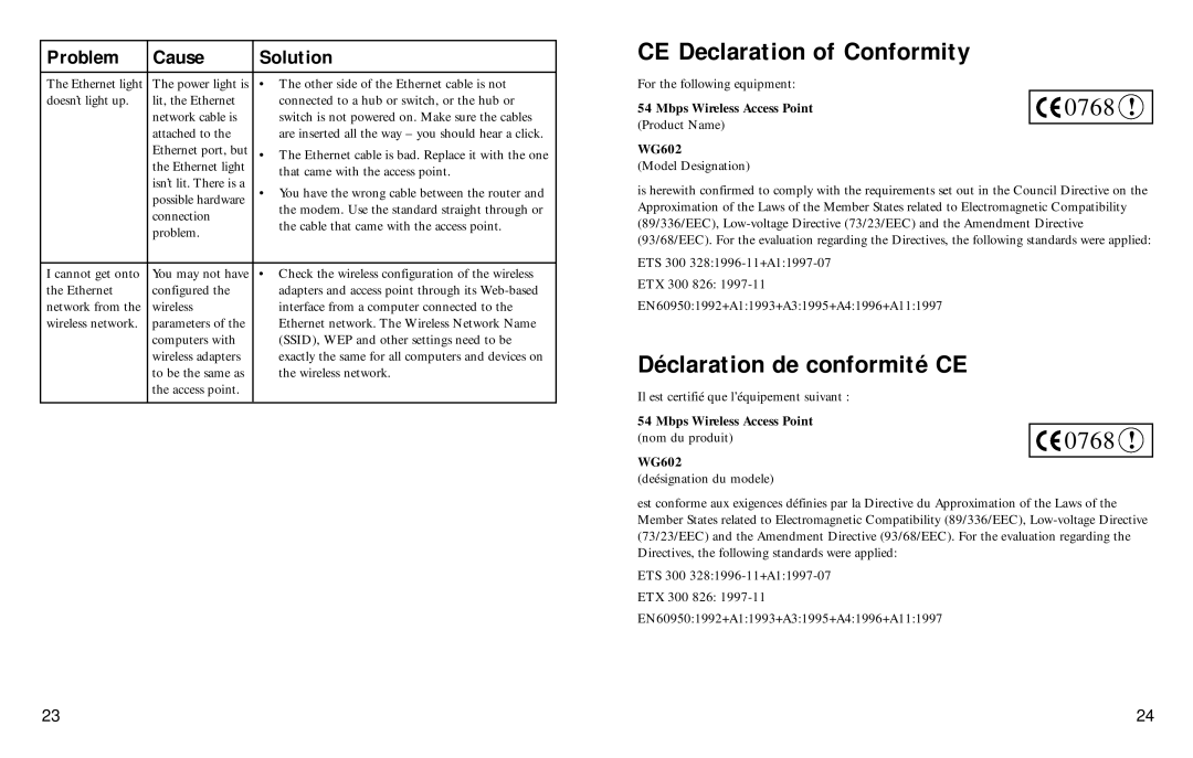 NETGEAR WG602 manual CE Declaration of Conformity, Déclaration de conformité CE, Mbps Wireless Access Point 