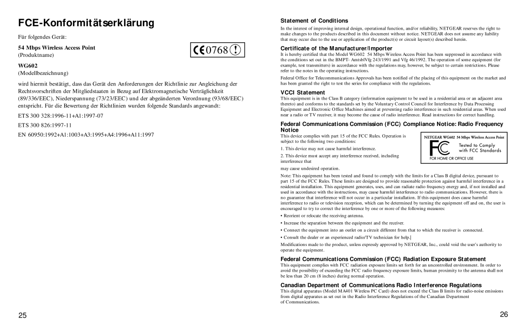 NETGEAR WG602 manual FCE-Konformitätserklärung, Statement of Conditions 