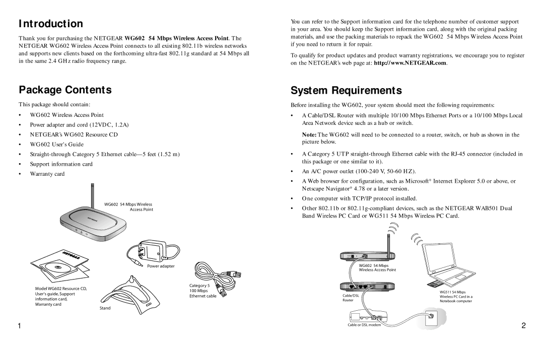 NETGEAR WG602 manual Introduction, Package Contents, System Requirements 