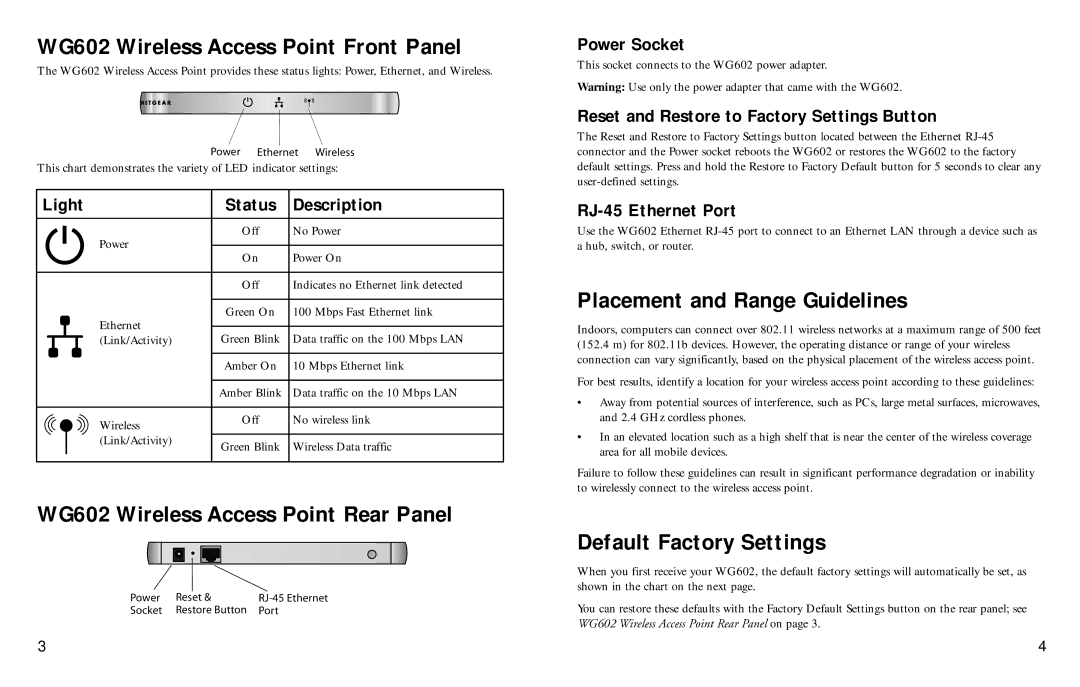 NETGEAR WG602 Wireless Access Point Front Panel, WG602 Wireless Access Point Rear Panel, Placement and Range Guidelines 