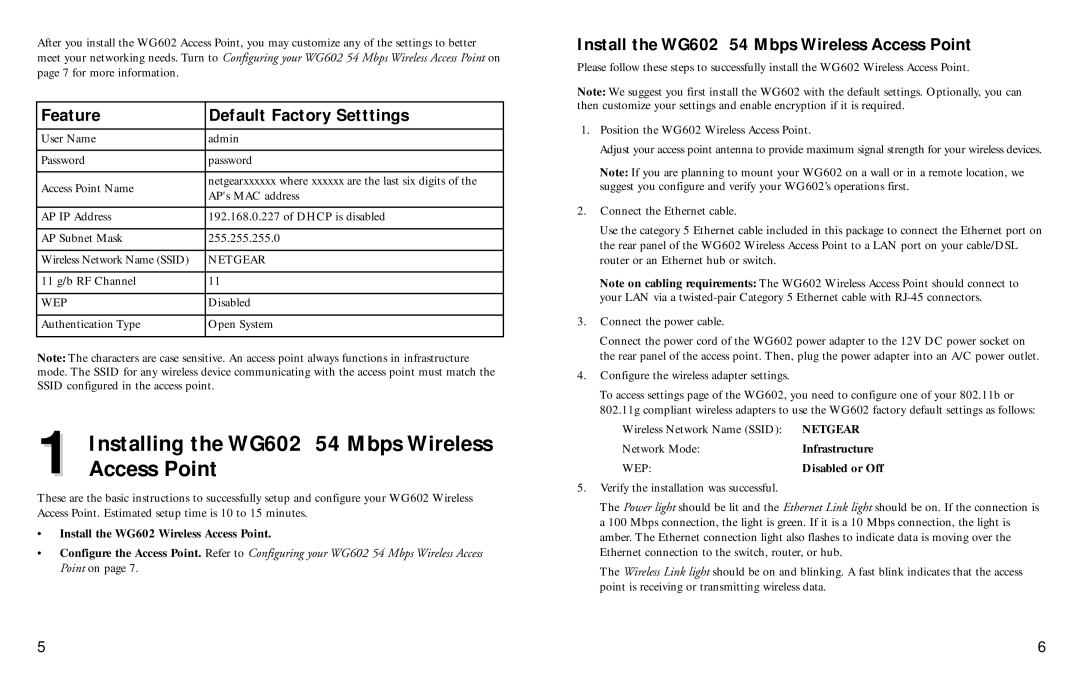 NETGEAR manual Feature Default Factory Setttings, Install the WG602 54 Mbps Wireless Access Point 