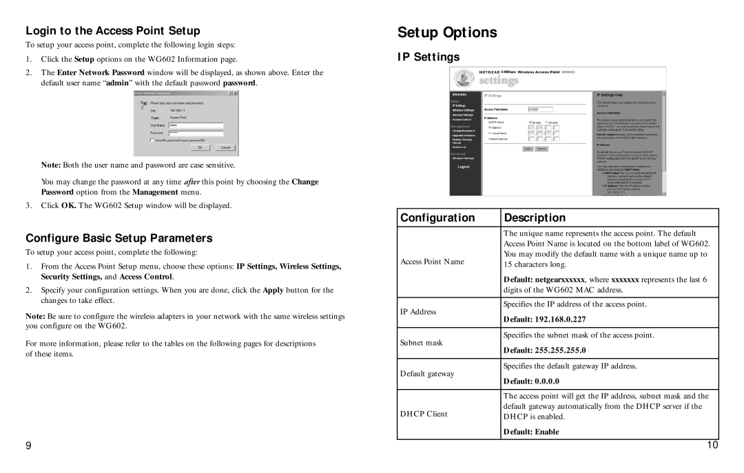 NETGEAR WG602 manual Setup Options, Login to the Access Point Setup, Configure Basic Setup Parameters 