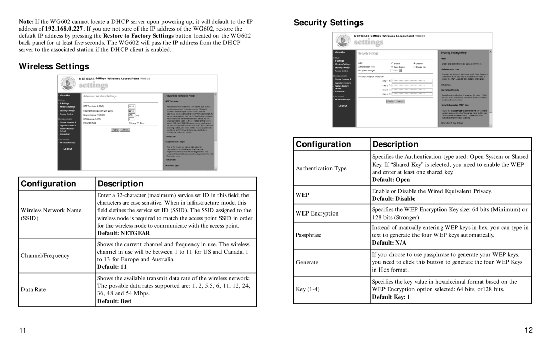 NETGEAR WG602 manual Wireless Settings Configuration Description, Security Settings Configuration Description 