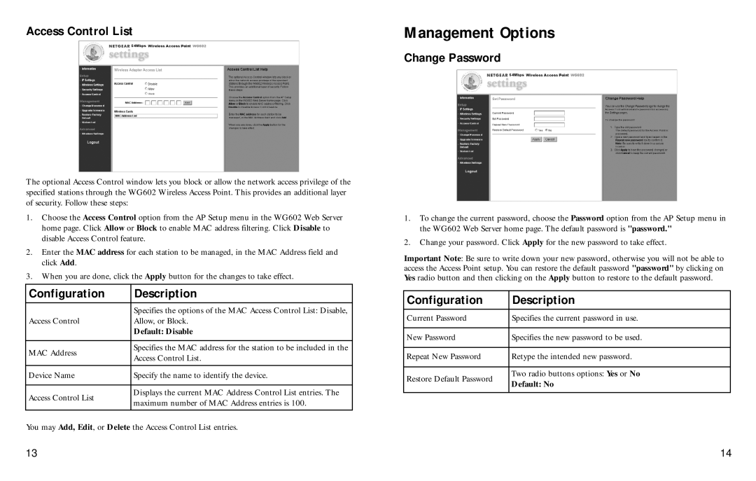 NETGEAR WG602 manual Access Control List, Change Password, Configuration Description, Default No 