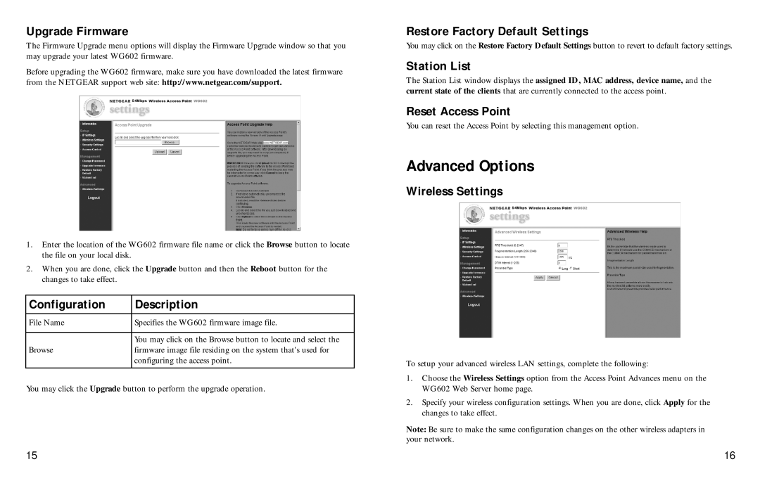 NETGEAR WG602 manual Advanced Options 