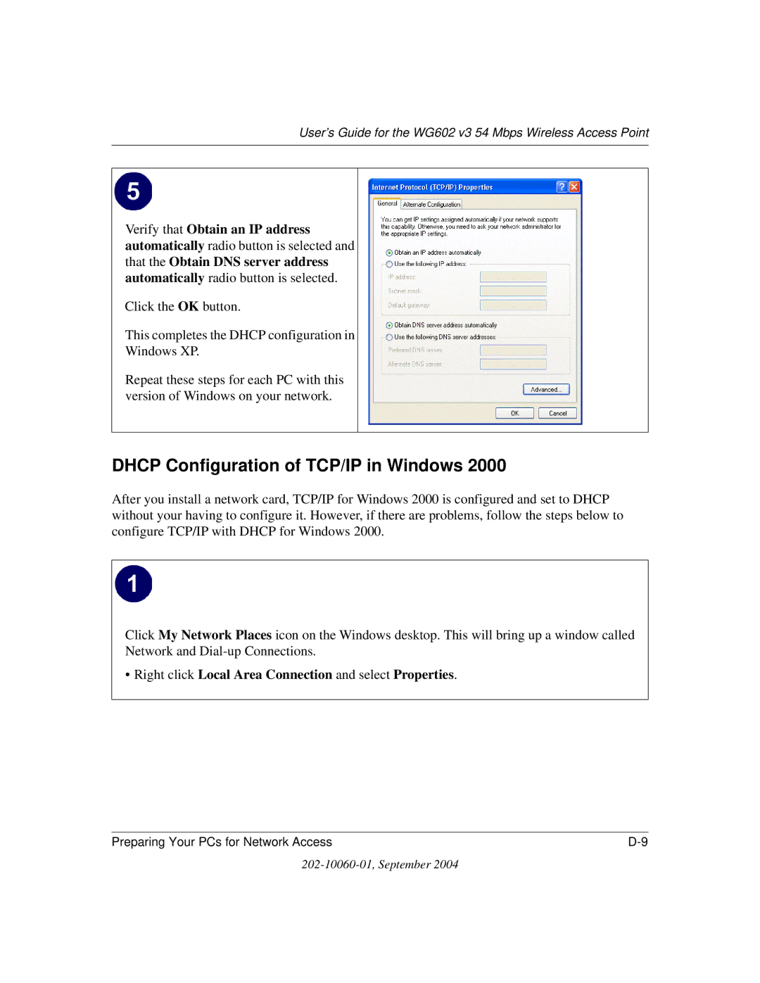 NETGEAR WG602NA manual Dhcp Configuration of TCP/IP in Windows, Right click Local Area Connection and select Properties 