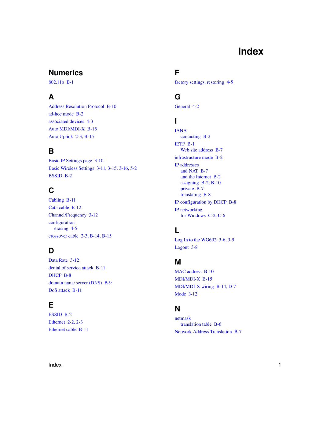 NETGEAR WG602NA manual Index, Numerics 